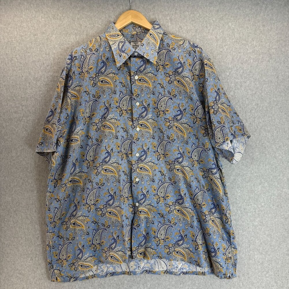 Maus & Hoffman Mens XXL Short Sleeve Button Front Shirt Paisley‎ Blue Yellow